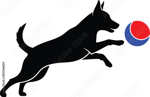 Energetic black silhouette dog leaping playfully to catch a colorful sphere ball in mid-air action shot isolated on white background