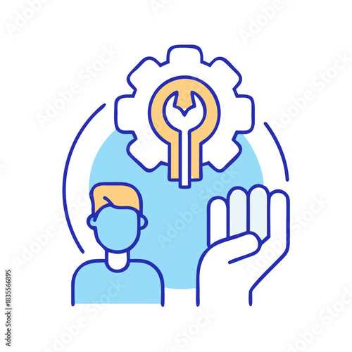 Technical Support Assistance: A Person, Gear, and Tool Graphic