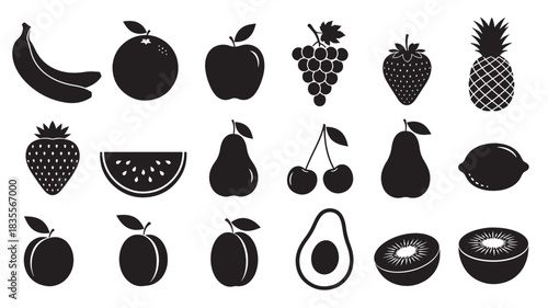 Black Fruit Icons on White Background