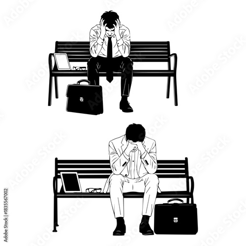 young educated man sitting on the banch . An unemployed businessman sits alone in the corridor of an office. Is stressed about the future