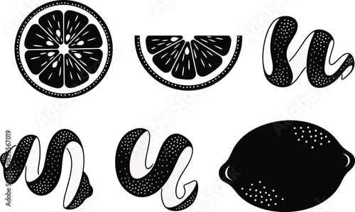 Lemon icon set, citrus fruit, lemon slice, curly peel, whole lemon, black and white, dotted texture, flat vector illustration