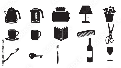 Black Silhouette Icons of Household and Office Objects on White Background