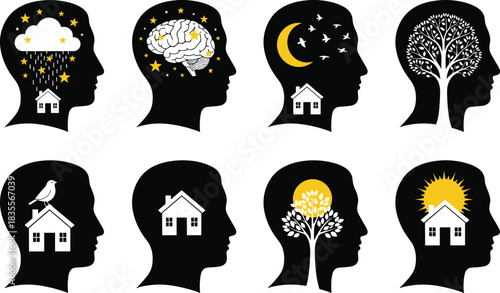 Mental health icons, emotional states, symbolic head silhouettes, home concept, depression, imagination, growth, flat vector illustration
