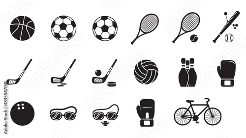 Sports Icons Set with Various Equipment and Balls on White Background