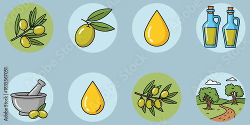 Olive oil icons, green olives, oil droplet, bottles, mortar and pestle, olive tree, rural farm, vector illustration