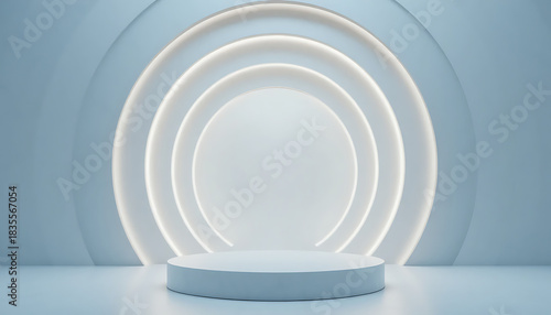 Minimalist product display stage with glowing archway background