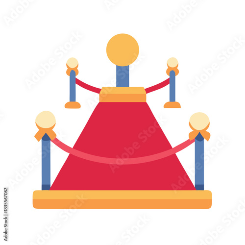 Stylized red carpet illustration with golden stanchions and blue posts on black