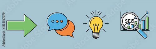 Process icon set, communication, idea generation, SEO analysis, business concept, colorful symbols, light bulb, flat vector illustration