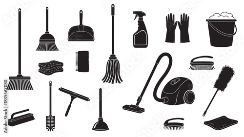 Cleaning Tools and Equipment on White Background