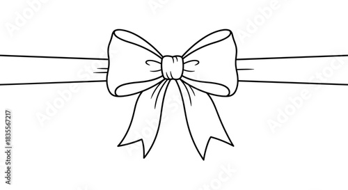Elegant hand-drawn ribbon with a large, beautiful bow tied in the center, presented in a clean black and white line art style for decorative use.