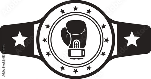 Boxing championship belt, victory symbol, boxing glove icon, stars design, sports award, black graphic, flat vector illustration