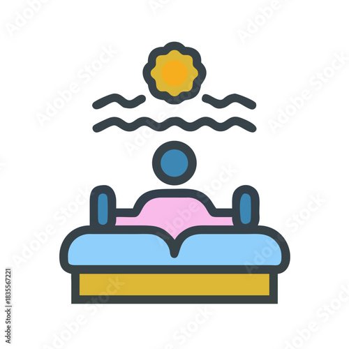 Cartoon illustration depicting a person relaxing in bed under the sun and waves