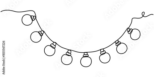 Christmas and new year string lights banner continuous one line drawing, in outline illustration minimalist white background. 