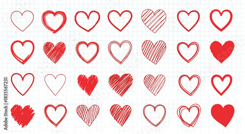 Big collection of hand-drawn red hearts in various doodle and sketch styles on a grid paper background, perfect for Valentine's Day or love notes.