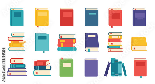 Large collection of colorful books in a flat design style, featuring single volumes and stacked piles for educational or library-themed illustrations.