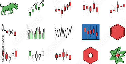 Candlestick chart icons, bullish bearish trend, financial market symbols, trading analysis graphics, stock data visuals, flat vector illustration