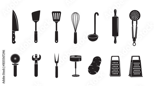 Set of black kitchen utensil icons simple flat vector design elements isolated on white background for cooking and food preparation