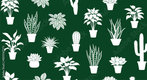 Seamless pattern featuring white silhouettes of various indoor houseplants in pots, including cacti and succulents, on a dark green background.