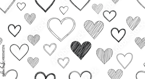 Monochromatic seamless pattern featuring hand-sketched hearts of various sizes and textures, creating a chaotic yet romantic background for any project.