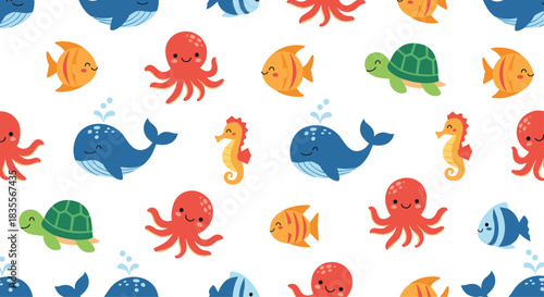 Adorable seamless pattern for children featuring cute cartoon sea animals like whales, octopuses, and turtles on a white background.