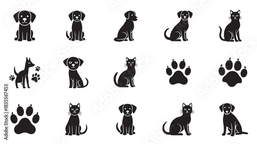 Set of dog and cat icons simple black glyph vector design isolated on white background