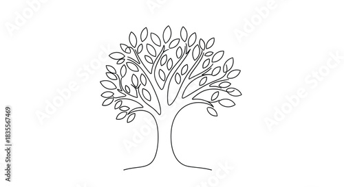 Minimalist continuous one-line drawing of a tree with a full canopy of leaves, symbolizing growth, nature, and environmental concepts.