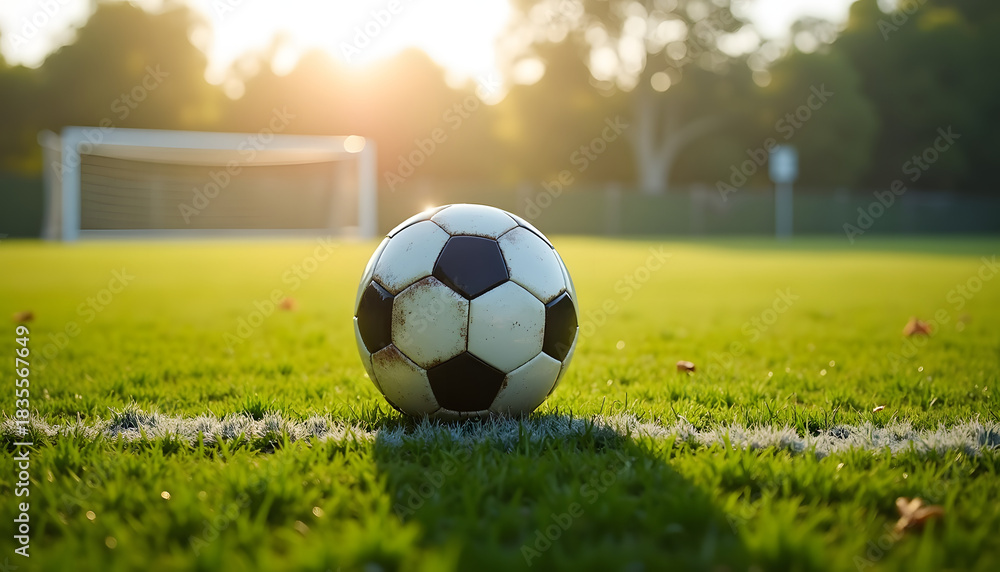 Fototapeta premium Soccer ball on a green field with a goal in the background at sunset