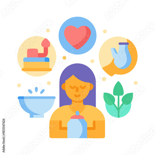 Illustration of holistic woman surrounded by icons representing wellness and self-care