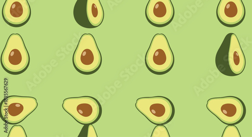 Seamless repeating pattern of halved avocados with large brown seeds, arranged at different angles on a solid light green background.
