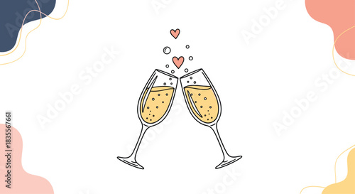 Charming illustration of two clinking champagne glasses with bubbles forming hearts, set against a background of abstract pastel shapes.