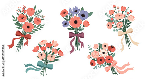 Beautiful collection of five hand-drawn floral bouquets, each with unique flower arrangements and colorful ribbons, isolated on white.