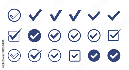 Collection of eighteen dark blue check mark icons in various designs, including circles, squares, and simple ticks for different applications.