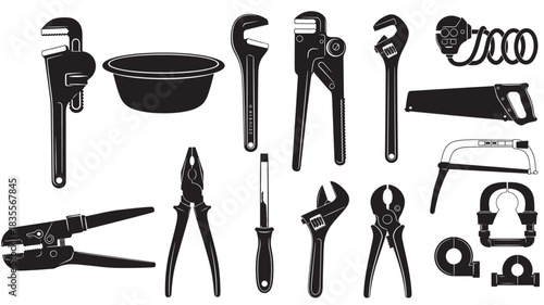 Set of black and white plumbing tools vector illustration of various equipment isolated on white background