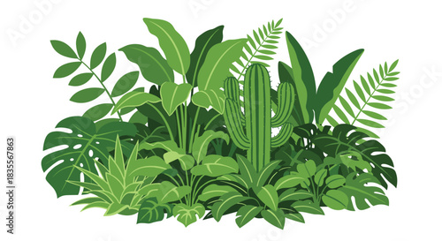 Lush, dense arrangement of various green tropical jungle plants, including monstera, fern, and cactus, isolated on a white background.