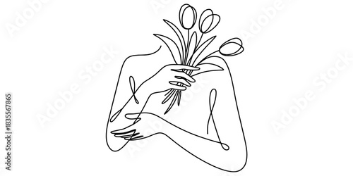 Abstract continuous line art drawing of a person's upper body gracefully holding a bouquet of elegant tulip flowers in minimalist style Vector, illustration