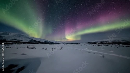 Wallpaper Mural Aurora Borealis Over Snow-Covered Valley A Captivating Display of Nature's Light Show with Northern Lights Torontodigital.ca