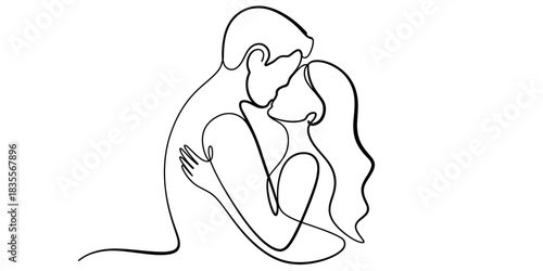 Continuous line art drawing of a romantic couple embracing and sharing a tender kiss, symbolizing love, connection, and intimacy in a minimalist style. Vector, illustration
