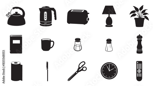 Kitchen appliance icons simple black glyph vector set for household objects isolated on white background