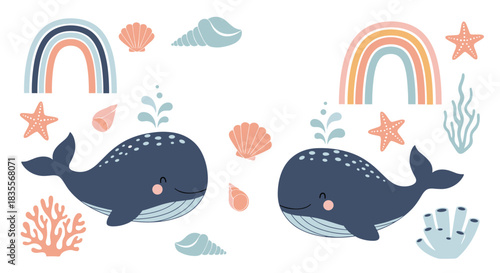 Cute nursery collection of two smiling whales surrounded by rainbows, starfish, and seashells in a soft, pastel color palette.