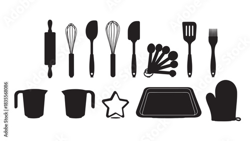 Set of black kitchen utensils baking tools vector illustration for cooking isolated on white background