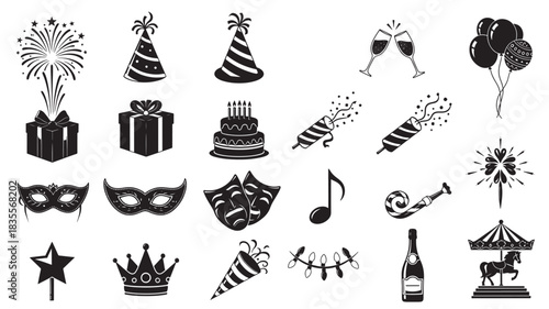 Set of party icons black and white vector illustration for celebration event design isolated on white background