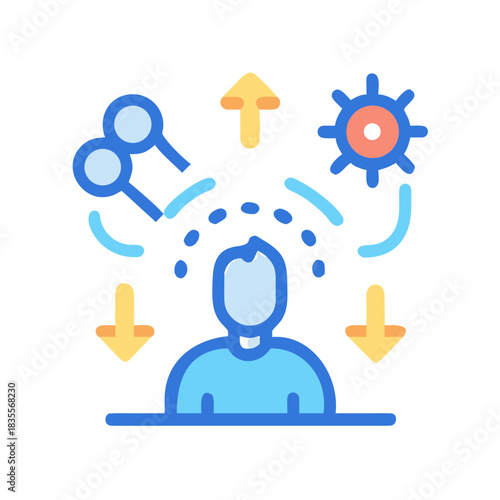 Information processing illustration showing individual with knowledge input and direction