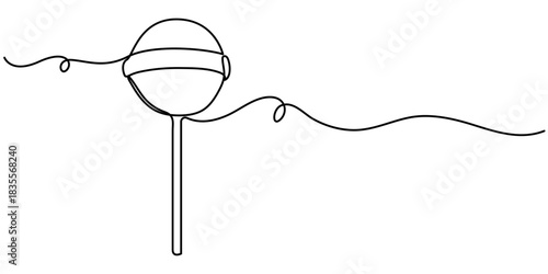Continuous line drawing of lollipop, spiral hard sugar candy on stick. Vector sketch of round caramel with striped swirls in one black contour isolated on white background. 