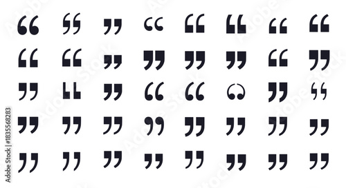Comprehensive set of black quotation mark icons in a multitude of different typographical styles, shapes, and designs for various uses.