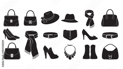 Set of fashion accessories icons elegant silhouette vector design elements isolated on white background for web and print