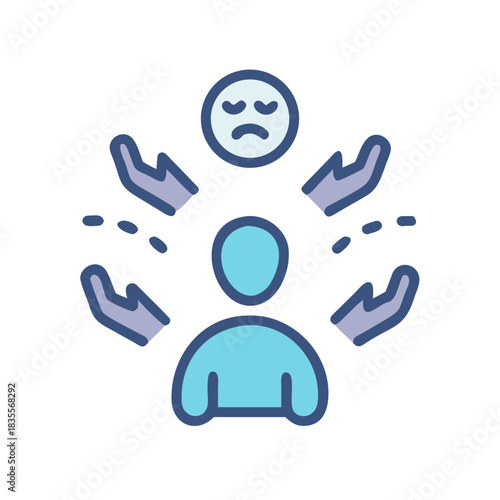 Stress and isolation: A person surrounded by hands and a sad face above