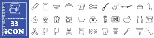 A Comprehensive Set of 33 Line Art Icons Representing Essential Kitchen Tools, Cookware, Utensils, and Appliances for Home and Professional Cooking.