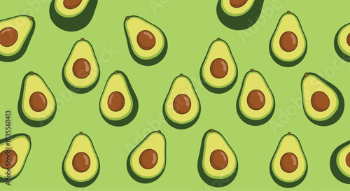 Trendy seamless pattern of halved avocados with shadows, creating a simple and modern design on a solid light green background.