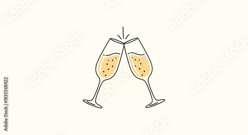 Minimalist hand-drawn illustration of two clinking champagne glasses making a toast, with simple sparkle effects on a beige background.