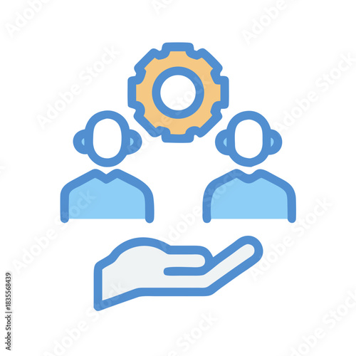 Teamwork with technical support, shown through people icons and gear above hand.